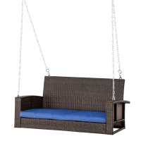Outsunny 2-Person Patio Porch Swing Chair, Outdoor Rattan Hanging Bench with Cushion & 7.2 ft Steel Chains, Dark Blue(m-11)