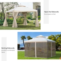 Outsunny 10' x 10' Patio Gazebo with Corner Frame Shelves, Double Roof Outdoor Gazebo Canopy Shelter with Netting for Patio, Wedding, Catering & Events, Cream White(m-5)