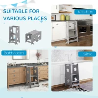 Qaba 2 in 1 Toddler Tower with Safety Rail for Bathroom, Sink, Kitchen or Counter, Gray(m-7)