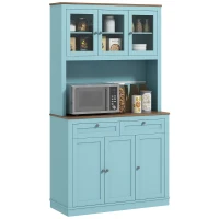 HOMCOM 71" Pantry Cabinet with Microwave Space, Buffet with Hutch, 2 Drawers, Adjustable Shelves and Glass Doors, Blue(m-11)