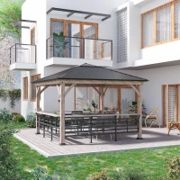 Outsunny 11' x 11' Hardtop Gazebo with Metal & Acrylic Combined Roof, Wood Frame, Permanent Pavilion Grill Gazebo with Bar Counters, Ceiling Hook, for Patio, Garden, Backyard, Deck, Lawn(m-10)