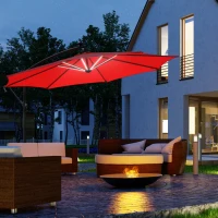 Outsunny 10ft Cantilever Solar Hanging Offset Umbrella Outdoor LED Lights Aluminum Market Banana Parasol Crank w/ Cross Base Garden Sun Shelter Red(m-1)