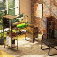 HOMCOM 56" Computer Desk with Storage, Computer Table with Power Outlets and LED Lights, Rustic Brown(m-10)