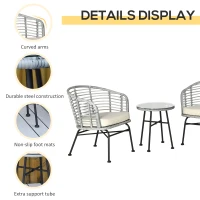 Outsunny 3 Piece Patio Bistro Set, PE Rattan with Cushioned Barrel Chairs & Glass Coffee Table, Conversation Set, Cream White(m-5)