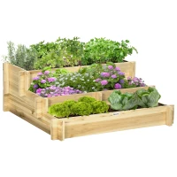 Outsunny 3 Tier Raised Garden Bed, Water Draining Fabric for Soil, Elevated Wood Flower Box for Vegetables, Herbs, Natural(m-1)