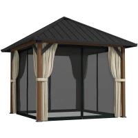 Outsunny 10' x 10' Hardtop Gazebo with Galvanized Steel Roof, Permanent Garden Gazebo with Netting and Curtains(m-11)
