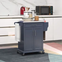 HOMCOM Kitchen Island with Wheels, Rolling Kitchen Island with Storage, Stainless Steel Countertop for Dining Room, Deep Blue(m-2)