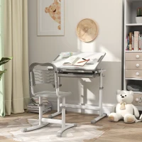 Qaba Height Adjustable Study Table and Chair Set with Drawer, Pen Slot, Tiltable Desktop, Hook, Grey(m-1)