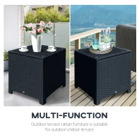Outsunny Rattan Side Table Wicker Coffee Table with Glass Top Outdoor Patio Furniture For Patio Poolside Garden Lawn, Black(m-5)