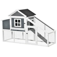 PawHut 69" Wooden Chicken Coop, Poultry Cage Hen House with Connecting Ramp, Removable Tray, Ventilated Window and Nesting Box, White(m-1)