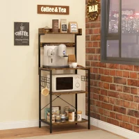 HOMCOM Kitchen Baker's Rack with Power Outlet, Coffee Bar Station with Adjustable Shelves and Hooks, Rustic Brown(m-9)