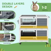 PawHut 2-Tier Indoor Rabbit Hutch Rabbit Cage with Wheels, Feeding Trough, Gray(m-4)