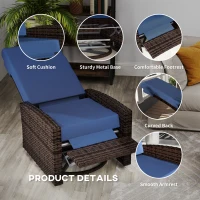Outsunny Outdoor Wicker Swivel Recliner Chair, Lifting Footrest, 360° Rotating Basic, Water-resistant Cushions, Dark Blue(m-6)