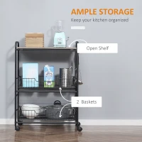 HOMCOM 3 Tier Kitchen Cart with Storage, Rolling Kitchen Island Cart with 2 Sliding Fruit Basket and Side Hooks for Dining Room, Oak(m-4)