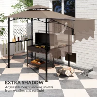 Outsunny 8' x 5' Grill Gazebo, Double Tiered Barbecue Grill Gazebo Shelter with Side Awning, 2 Side Shelves, 6 Hooks, Khaki(m-4)