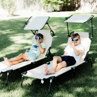 Outsunny Folding Chaise Lounge Pool Lounge Chairs Set of 2, Outdoor Sun Tanning Chairs with Canopy Shade, Reclining Back, Steel Frame and Side Pocket for Beach, Yard, Patio, Tan(m-8)