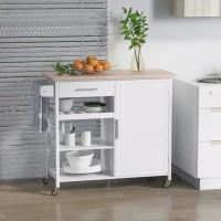 HOMCOM Rolling Kitchen Island with Storage, Kitchen Cart with Solid Wood Countertop, Drawer, Adjustable Shelf and Wine Rack, White(m-10)