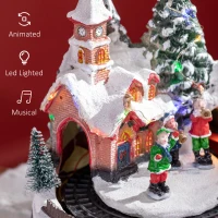 HOMCOM Animated Christmas Village Scene, Pre-Lit Musical Holiday Decoration with LED Lights, Rotating Train, 2 Musicians and 1 Commander(m-7)