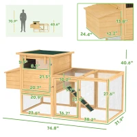 PawHut 75" Wooden Chicken Coop with Nesting Box, Removable Tray, Ramp Run, for Garden Backyard, Natural Wood(m-3)