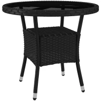 Outsunny Φ31.5" Outdoor Wicker Dining Table, PE Rattan Patio Furniture with 2-Tier Storage Shelf, Metal Frame Round Garden Table with Glass Top Table, Black(m-11)