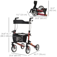HOMCOM Lightweight Folding Rolling Walker with Large Seat, Back, Adjustable Handle, Bag, Dual Brake, Cane Holder, Red(m-3)