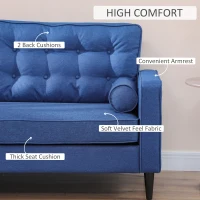 HOMCOM Mid-Century Sofa, Couch with Button-Tufted Back Cushion, Velvet Feel Fabric Upholstery, 2 Cylindrical Pillows and Rubber Wood Legs for Living Room, Dark Blue(m-6)