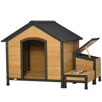 PawHut Wooden Outdoor Dog House, Cabin-Style Pet House with Feeding Bowls, Asphalt Roof, Storage Box for Dogs Up To 66 Lbs., Natural(m-1)
