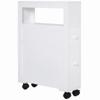 HOMCOM 6.25" x 20.5" x 28.25" Wood Rolling Narrow Bathroom Side Storage Cabinet - White(m-10)