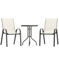 Outsunny 3 Pieces Bistro Set, Small Patio Furniture Set with Stackable Chairs and Glass Table for Backyard, Balcony, Beige