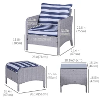 Outsunny 5 Pieces Wicker Patio Furniture Sofa Set Thick Padded Cushions, Outdoor PE Rattan Conversation Coffee Set with Armchairs, Footstools and Glass Top Table, Blue and White(m-3)