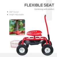 Outsunny Garden Scooter, Rolling Cart with Swivel and Adjustable Seat, Tool Tray, Bucket Basket, Red and Black(m-4)