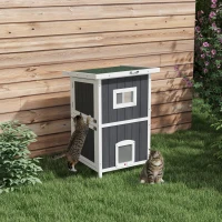 PawHut Outside Cat House Wooden Feral Cat House w/ Weatherproof Roof, Removable Floor, Escape Doors, for 1-2 Cats, Gray(m-10)