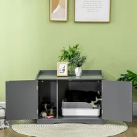 PawHut Wide & Large Cat Litter Box Furniture Hidden Farmhouse Table with Magnetic Doors, Big Covered Kitty Litter Box Enclosure Cabinet with Shelves, Pet Furniture Cat Gift Side Table, Gray(m-10)