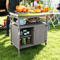 Outsunny Outdoor Grill Cart w/ Stainless Steel Top, Solid Wood Outdoor Kitchen Island w/ Wheels, Storage Cabinets, Gray(m-2)