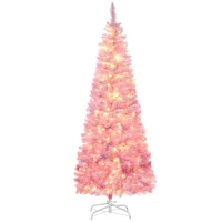 HOMCOM 6 Foot Prelit Snow Flocked Artificial Christmas Tree with Pencil Shape, 500 Pine Realistic Branches, Warm White LED lights, Auto Open, Pink and White(m-2)