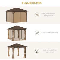 Outsunny 10' x 12' Outdoor Hardtop Gazebo Metal Roof Patio Gazebo with Aluminum Frame, Mesh Nettings, Curtains and Roomy Interior Space, Brown(m-7)