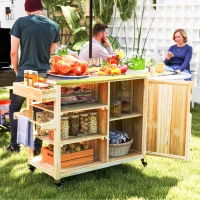 Outsunny Outdoor Grill Cart with Stainless Steel Top, Solid Wood Outdoor Kitchen Island with Wheels, Natural Wood(m-2)