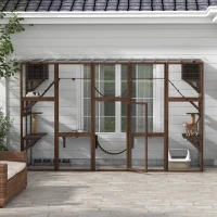 PawHut Large Outdoor Catio with Condos, Platforms, Doors, Ladders, Weather-Resistant Roof, Espresso(m-10)
