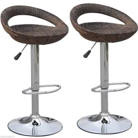 HOMCOM Set of 2 Pub Bar Stools Rattan Wicker Chair Chrome Finish Adjustable Swivel Seat, Deep Brown(m-2)