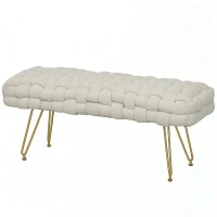 HOMCOM Upholstered Velvet End of Bed Bench 39" Woven End of Bed Bench with Gold Metal Legs for Entryway, Cream White(m-2)