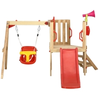 Outsunny 4-in-1 Wooden Swing Set with Swing, Slide, Horn, Steering Wheel, Red