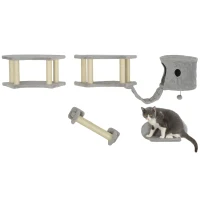 PawHut 4 Piece Cat Wall Shelves with Scratching Post, Ladder, Condo, Jumping Platforms, Light Grey(m-2)