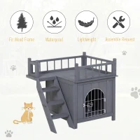 PawHut 2-Level Wooden Cat House, Outdoor Dog Shelter Cat Condo with Lockable Wire Door and Balcony, Gray(m-5)