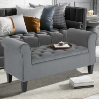 HOMCOM Button-Tufted Storage Ottoman Bench, Upholstered Bench with Rolled Armrests for Living Room or Hallway, Gray(m-10)