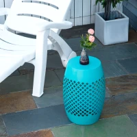 Outsunny 12.5" Steel Outdoor Side Table, Round Hollow Drum Patio End Table, Accent Table for Indoor and Outdoor, Blue(m-2)