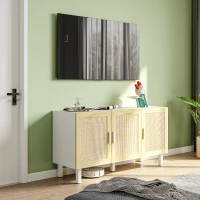 HOMCOM Boho Kitchen Cabinet, Buffet Cabinet with 3 Rattan Doors and Adjustable Shelves for Dining Room, White and Natural(m-10)