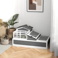 PawHut 3-Room Tortoise House Habitat with Balcony & 2 Stories, Indoor/Outdoor Wooden Tortoise Enclosure with Ladder, Tray, Openable Roof, Large Reptile Cage, 44" x 25.5" x 23", Gray(m-2)