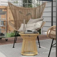 Outsunny Round End Table, Rattan Side Table, Hollow Drum Design Coffee Table w/ Glass Tabletop for Patio, Garden, Balcony, Beige(m-1)