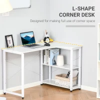 HOMCOM L-Shaped Computer Desk Home Office Corner Desk Study with Wide Desktop, 2 Side Shelves, Steel Frame, White(m-4)