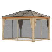 Outsunny 10' x 12' Hardtop Polycarbonate Gazebo Canopy Aluminum Frame Pergola w/ Netting and Sidewalls for Garden, Patio, Khaki(m-11)